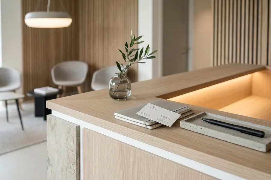 Houten receptiebalie met visitekaartjes en plant in moderne ontvangstruimte